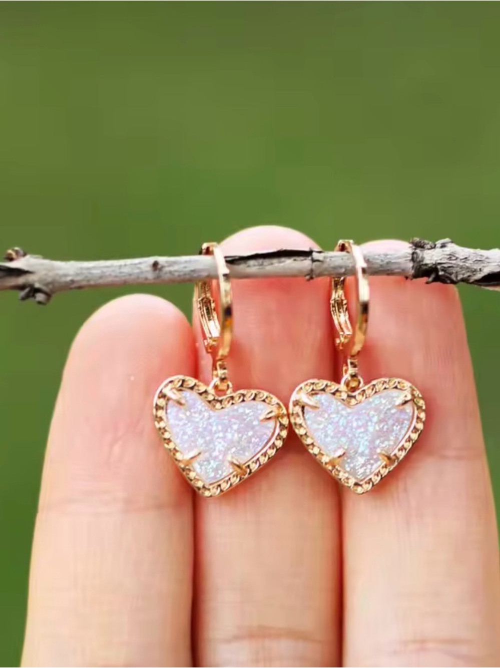 Gold Heart Drop Earrings with Iridescent White Inlay